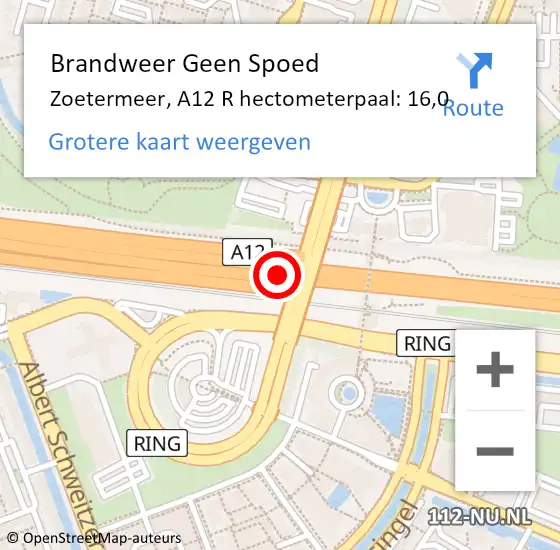 Locatie op kaart van de 112 melding: Brandweer Geen Spoed Naar Zoetermeer, A12 R hectometerpaal: 16,0 op 14 november 2017 19:47