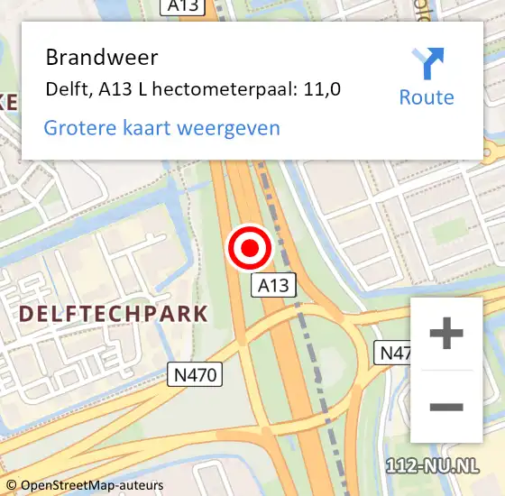 Locatie op kaart van de 112 melding: Brandweer Delft, A13 L hectometerpaal: 9,4 op 15 november 2017 06:11