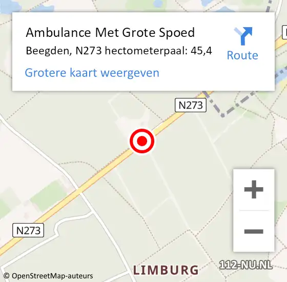 Locatie op kaart van de 112 melding: Ambulance Met Grote Spoed Naar Beegden, N273 hectometerpaal: 45,2 op 15 november 2017 08:18