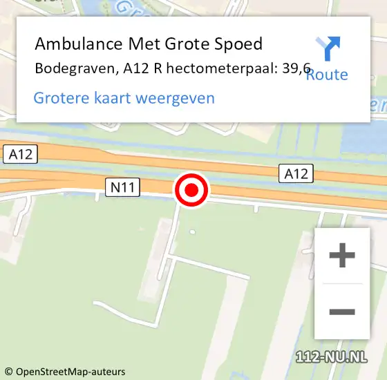 Locatie op kaart van de 112 melding: Ambulance Met Grote Spoed Naar Bodegraven, A12 R hectometerpaal: 39,4 op 15 november 2017 11:51