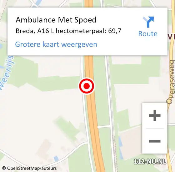 Locatie op kaart van de 112 melding: Ambulance Met Spoed Naar Breda, A16 R hectometerpaal: 61,0 op 16 november 2017 10:10