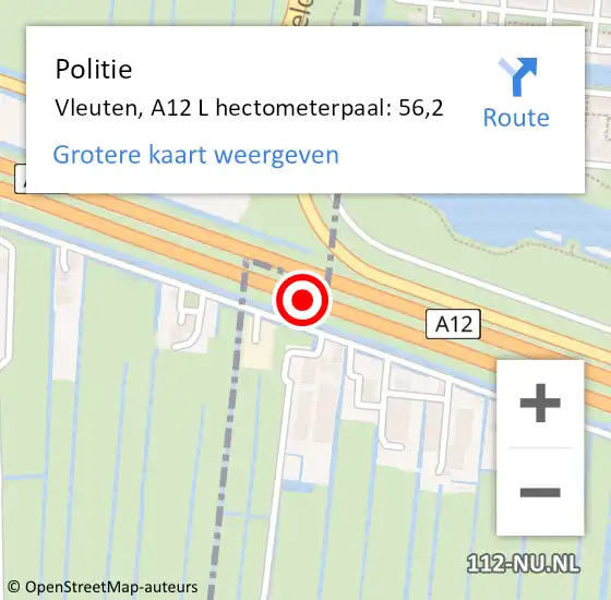 Locatie op kaart van de 112 melding: Politie Vleuten, A12 R hectometerpaal: 55,9 op 16 november 2017 16:43