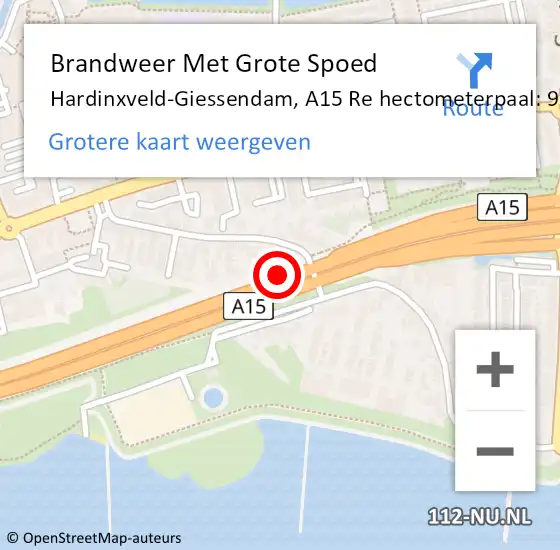 Locatie op kaart van de 112 melding: Brandweer Met Grote Spoed Naar Hardinxveld-Giessendam, A15 L hectometerpaal: 86,0 op 16 november 2017 17:16