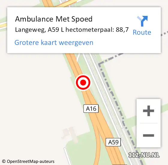 Locatie op kaart van de 112 melding: Ambulance Met Spoed Naar Langeweg, A59 L hectometerpaal: 88,7 op 17 november 2017 01:48