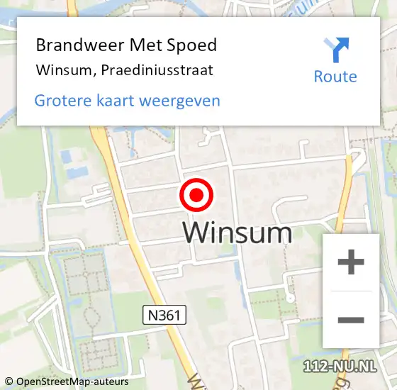 Locatie op kaart van de 112 melding: Brandweer Met Spoed Naar Winsum, Praediniusstraat op 17 november 2017 13:27