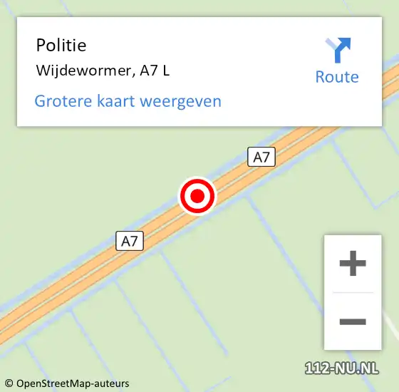 Locatie op kaart van de 112 melding: Politie Wijdewormer, A7 L op 17 november 2017 21:13