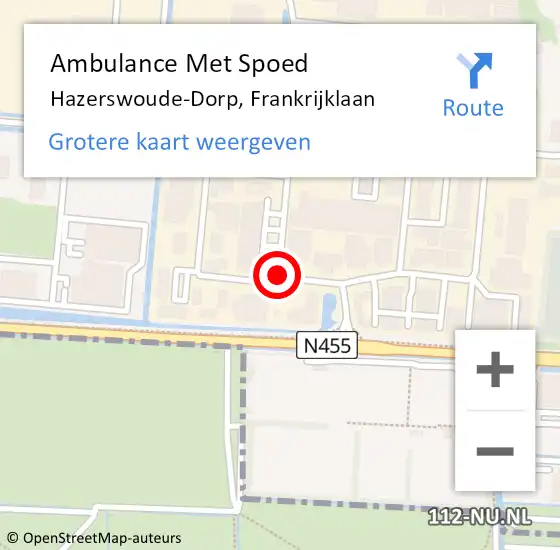 Locatie op kaart van de 112 melding: Ambulance Met Spoed Naar Hazerswoude-Dorp, Frankrijklaan op 19 november 2017 21:01