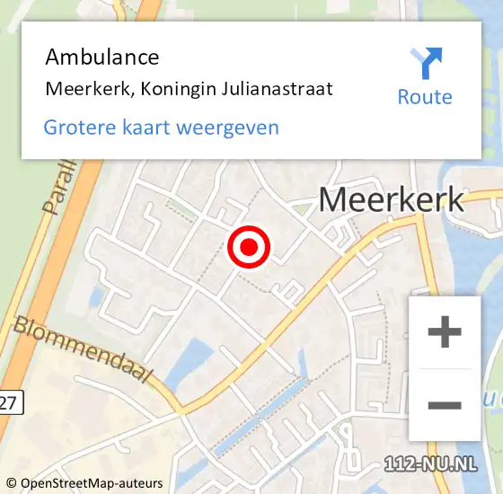 Locatie op kaart van de 112 melding: Ambulance Meerkerk, Koningin Julianastraat op 20 november 2017 08:43