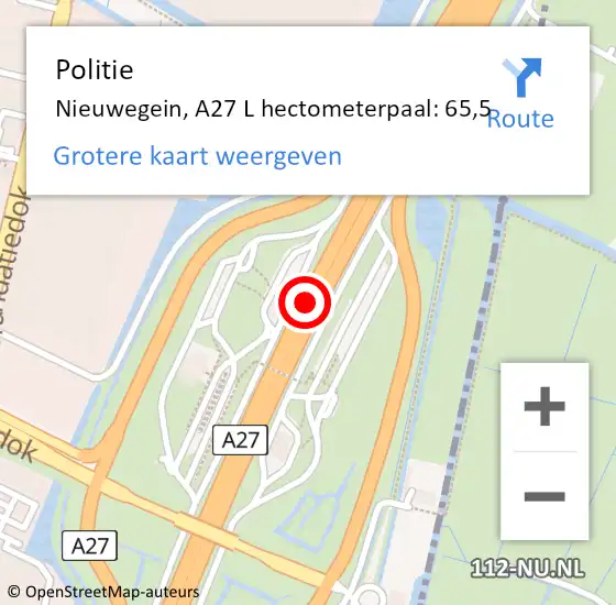 Locatie op kaart van de 112 melding: Politie Nieuwegein, A27 L hectometerpaal: 65,5 op 20 november 2017 22:29