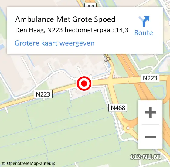 Locatie op kaart van de 112 melding: Ambulance Met Grote Spoed Naar Den Haag, N223 hectometerpaal: 14,3 op 20 november 2017 23:04