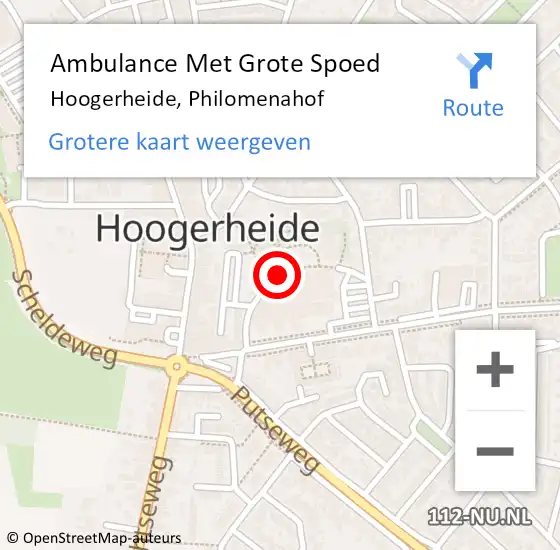 Locatie op kaart van de 112 melding: Ambulance Met Grote Spoed Naar Hoogerheide, Philomenahof op 21 november 2017 12:39