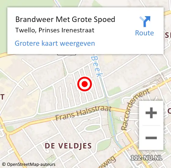 Locatie op kaart van de 112 melding: Brandweer Met Grote Spoed Naar Twello, Prinses Irenestraat op 22 november 2017 12:36