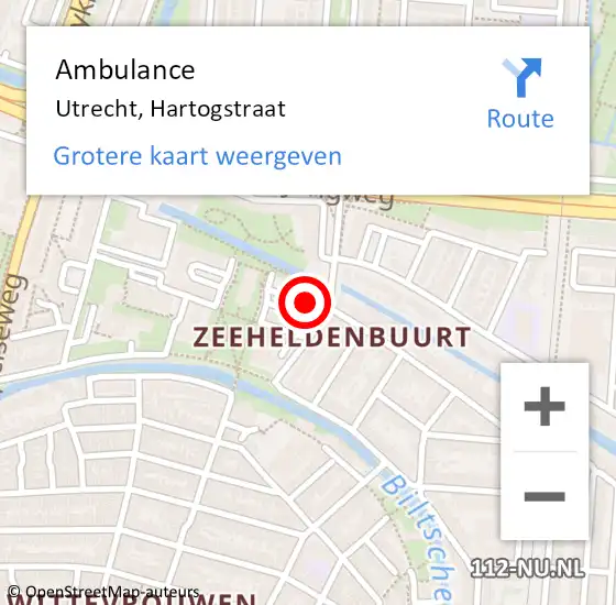 Locatie op kaart van de 112 melding: Ambulance Utrecht, Hartogstraat op 22 november 2017 15:10