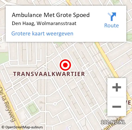 Locatie op kaart van de 112 melding: Ambulance Met Grote Spoed Naar Den Haag, Wolmaransstraat op 22 november 2017 15:18