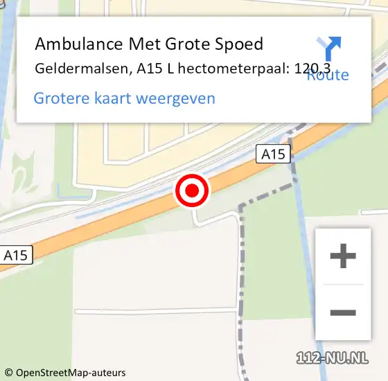Locatie op kaart van de 112 melding: Ambulance Met Grote Spoed Naar Geldermalsen, A15 L hectometerpaal: 121,3 op 22 november 2017 18:43