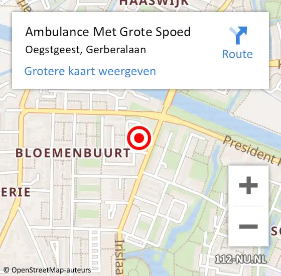 Locatie op kaart van de 112 melding: Ambulance Met Grote Spoed Naar Oegstgeest, Gerberalaan op 22 november 2017 22:51