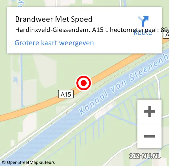 Locatie op kaart van de 112 melding: Brandweer Met Spoed Naar Hardinxveld-Giessendam, A15 L hectometerpaal: 89,4 op 25 november 2017 06:46
