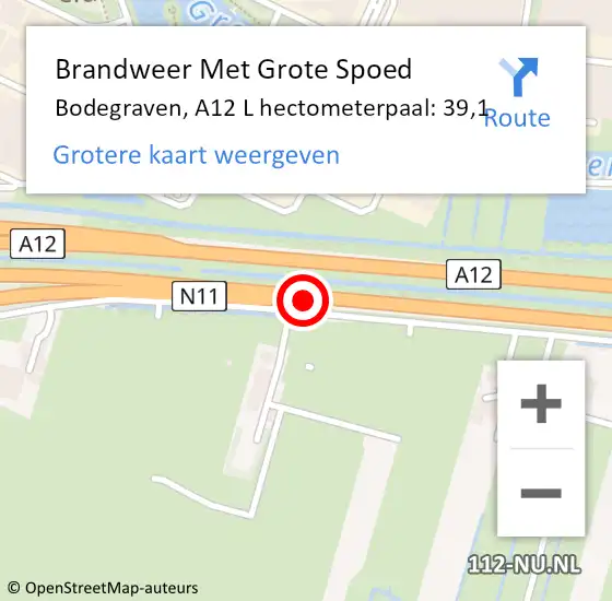 Locatie op kaart van de 112 melding: Brandweer Met Grote Spoed Naar Bodegraven, A12 L hectometerpaal: 39,1 op 25 november 2017 11:06