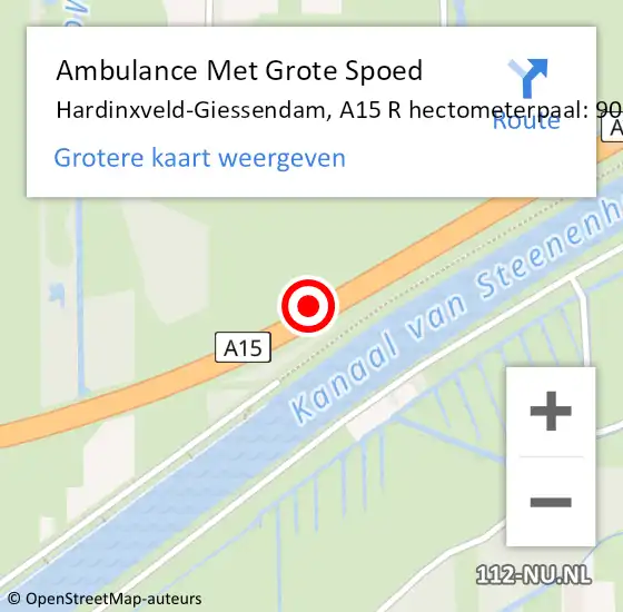 Locatie op kaart van de 112 melding: Ambulance Met Grote Spoed Naar Hardinxveld-Giessendam, A15 R hectometerpaal: 90,5 op 25 november 2017 11:55