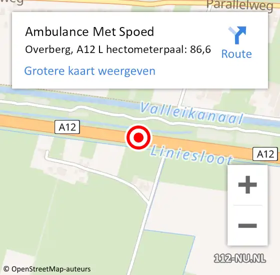 Locatie op kaart van de 112 melding: Ambulance Met Spoed Naar Overberg, A12 L hectometerpaal: 86,6 op 7 februari 2014 19:13