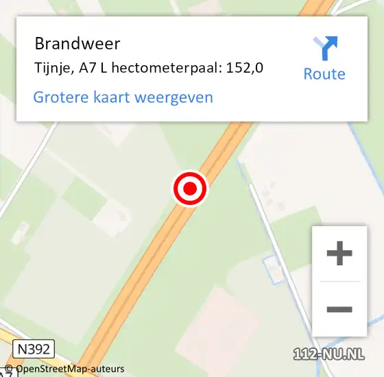 Locatie op kaart van de 112 melding: Brandweer Tijnje, A7 L hectometerpaal: 152,0 op 27 november 2017 20:16