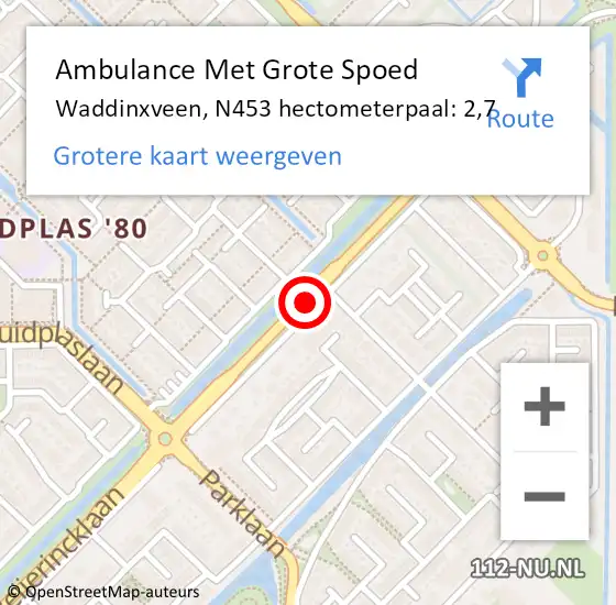 Locatie op kaart van de 112 melding: Ambulance Met Grote Spoed Naar Waddinxveen, N453 hectometerpaal: 2,7 op 27 november 2017 21:57