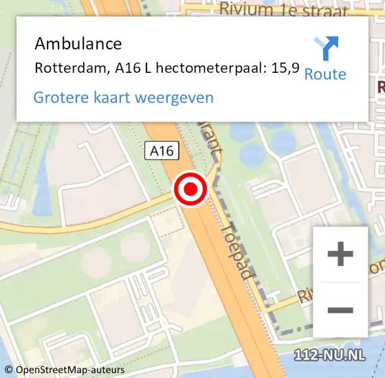 Locatie op kaart van de 112 melding: Ambulance Rotterdam, A16 L hectometerpaal: 15,9 op 28 november 2017 08:05