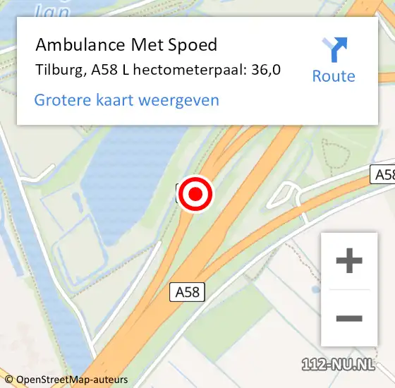 Locatie op kaart van de 112 melding: Ambulance Met Spoed Naar Tilburg, A58 L hectometerpaal: 36,0 op 29 november 2017 07:42