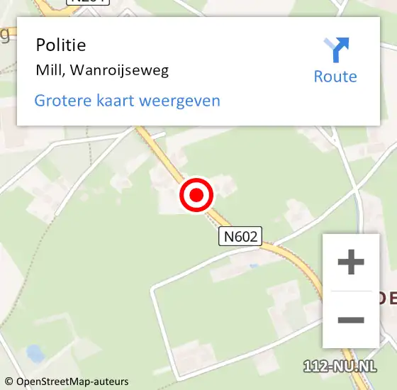 Locatie op kaart van de 112 melding: Politie Mill, Wanroijseweg op 29 november 2017 15:36