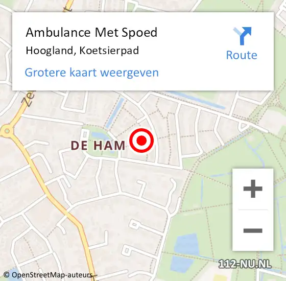 Locatie op kaart van de 112 melding: Ambulance Met Spoed Naar Hoogland, Koetsierpad op 30 november 2017 15:35