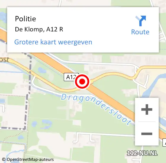 Locatie op kaart van de 112 melding: Politie De Klomp, A12 R op 30 november 2017 18:04