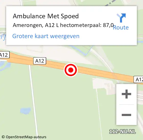 Locatie op kaart van de 112 melding: Ambulance Met Spoed Naar Amerongen, A12 L hectometerpaal: 87,0 op 30 november 2017 18:32