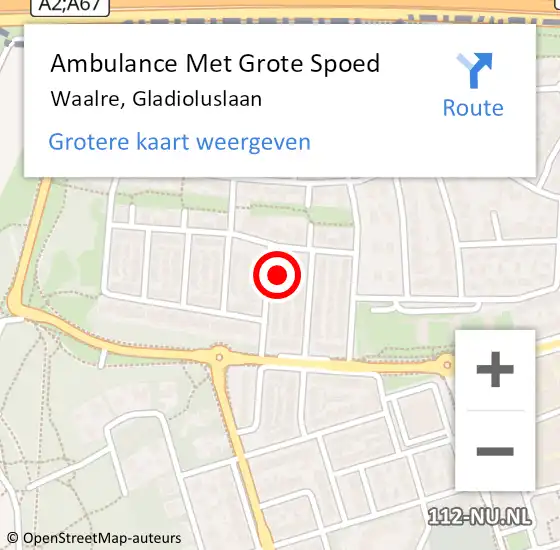 Locatie op kaart van de 112 melding: Ambulance Met Grote Spoed Naar Waalre, Gladioluslaan op 1 december 2017 08:52