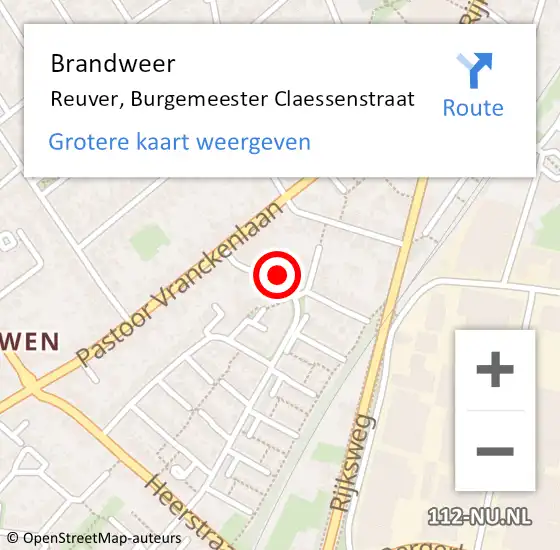 Locatie op kaart van de 112 melding: Brandweer Reuver, Burgemeester Claessenstraat op 1 december 2017 10:00