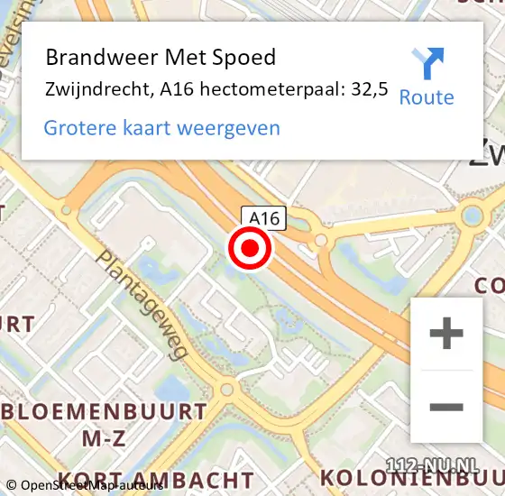 Locatie op kaart van de 112 melding: Brandweer Met Spoed Naar Zwijndrecht, A16 hectometerpaal: 32,5 op 1 december 2017 13:57