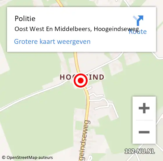 Locatie op kaart van de 112 melding: Politie Oost West En Middelbeers, Hoogeindseweg op 1 december 2017 22:03
