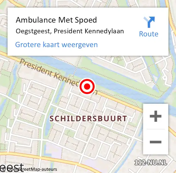 Locatie op kaart van de 112 melding: Ambulance Met Spoed Naar Oegstgeest, President Kennedylaan op 2 december 2017 16:58