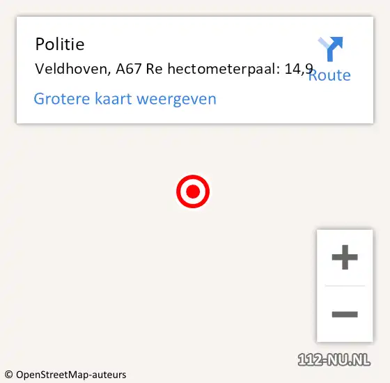 Locatie op kaart van de 112 melding: Politie Veldhoven, A67 Re hectometerpaal: 14,9 op 3 december 2017 03:13