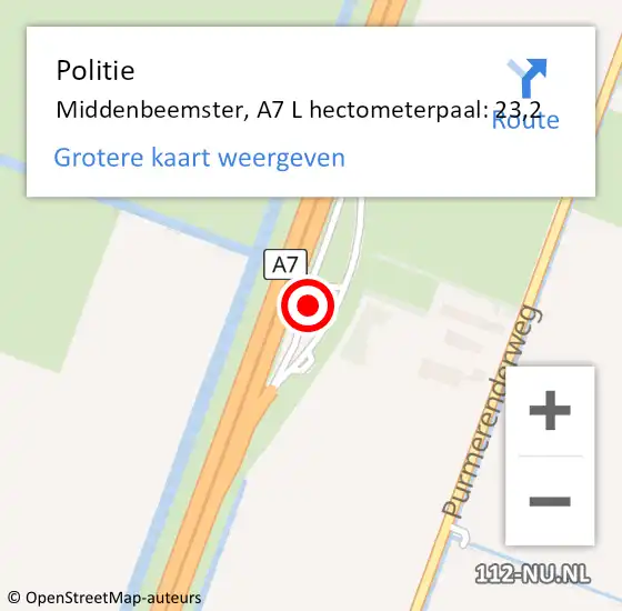 Locatie op kaart van de 112 melding: Politie Middenbeemster, A7 L hectometerpaal: 23,2 op 4 december 2017 06:49