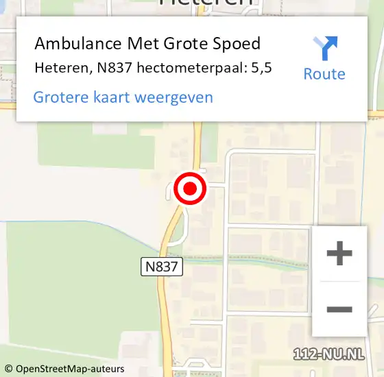 Locatie op kaart van de 112 melding: Ambulance Met Grote Spoed Naar Heteren, N837 hectometerpaal: 5,5 op 4 december 2017 11:53