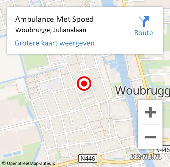 Locatie op kaart van de 112 melding: Ambulance Met Spoed Naar Woubrugge, Julianalaan op 4 december 2017 21:27
