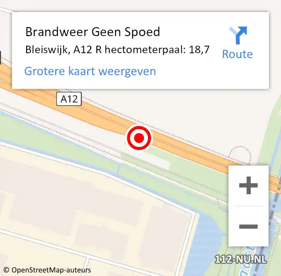 Locatie op kaart van de 112 melding: Brandweer Geen Spoed Naar Bleiswijk, A12 R hectometerpaal: 18,7 op 5 december 2017 18:01