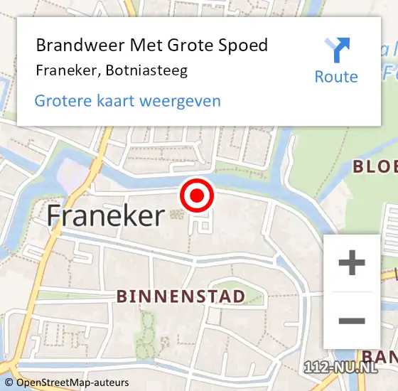 Locatie op kaart van de 112 melding: Brandweer Met Grote Spoed Naar Franeker, Botniasteeg op 6 december 2017 11:55