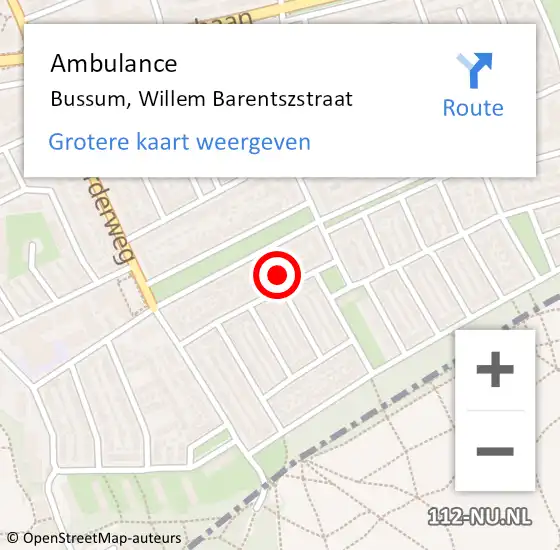 Locatie op kaart van de 112 melding: Ambulance Bussum, Willem Barentszstraat op 6 december 2017 12:00