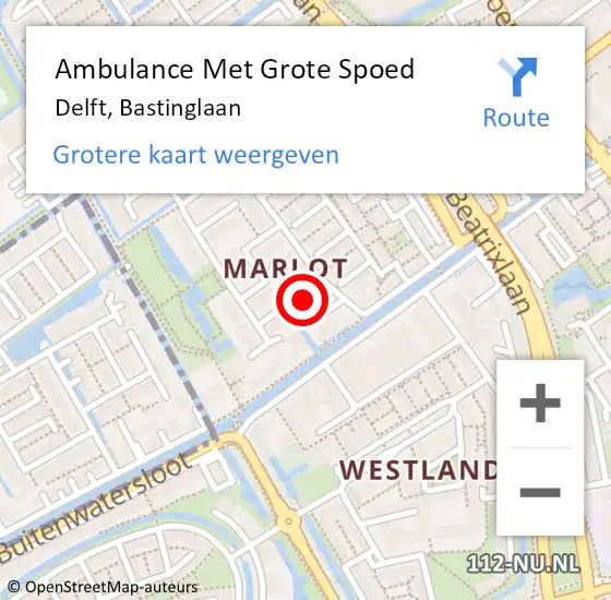 Locatie op kaart van de 112 melding: Ambulance Met Grote Spoed Naar Delft, Bastinglaan op 6 december 2017 21:55