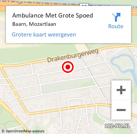 Locatie op kaart van de 112 melding: Ambulance Met Grote Spoed Naar Baarn, Mozartlaan op 7 september 2013 04:15