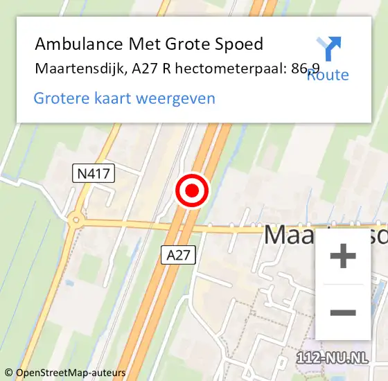 Locatie op kaart van de 112 melding: Ambulance Met Grote Spoed Naar Maartensdijk, A27 R hectometerpaal: 86,9 op 7 december 2017 07:57