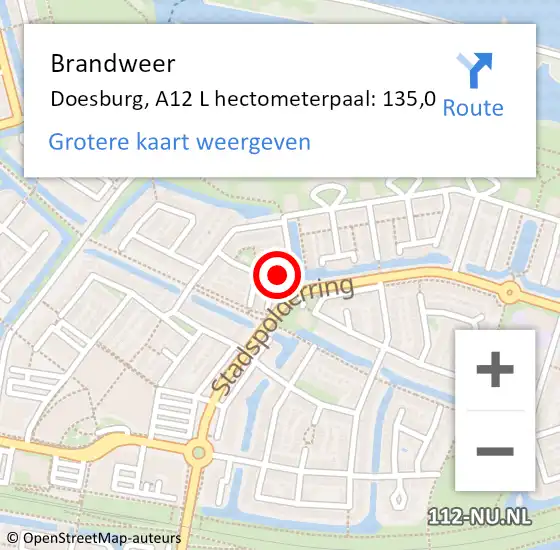 Locatie op kaart van de 112 melding: Brandweer Doesburg, A12 L hectometerpaal: 135,0 op 7 december 2017 12:11