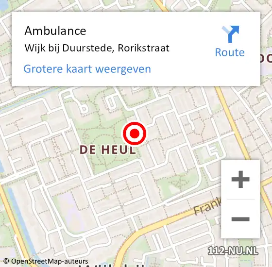 Locatie op kaart van de 112 melding: Ambulance Wijk bij Duurstede, Rorikstraat op 7 december 2017 15:25