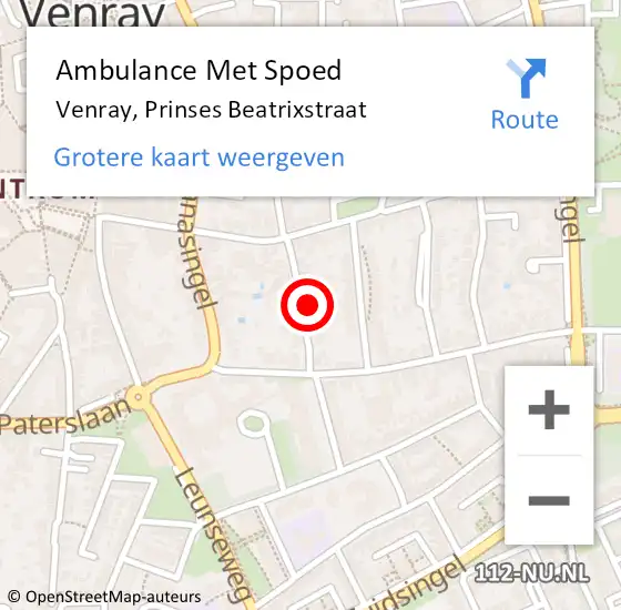 Locatie op kaart van de 112 melding: Ambulance Met Spoed Naar Venray, Prinses Beatrixstraat op 7 december 2017 15:53